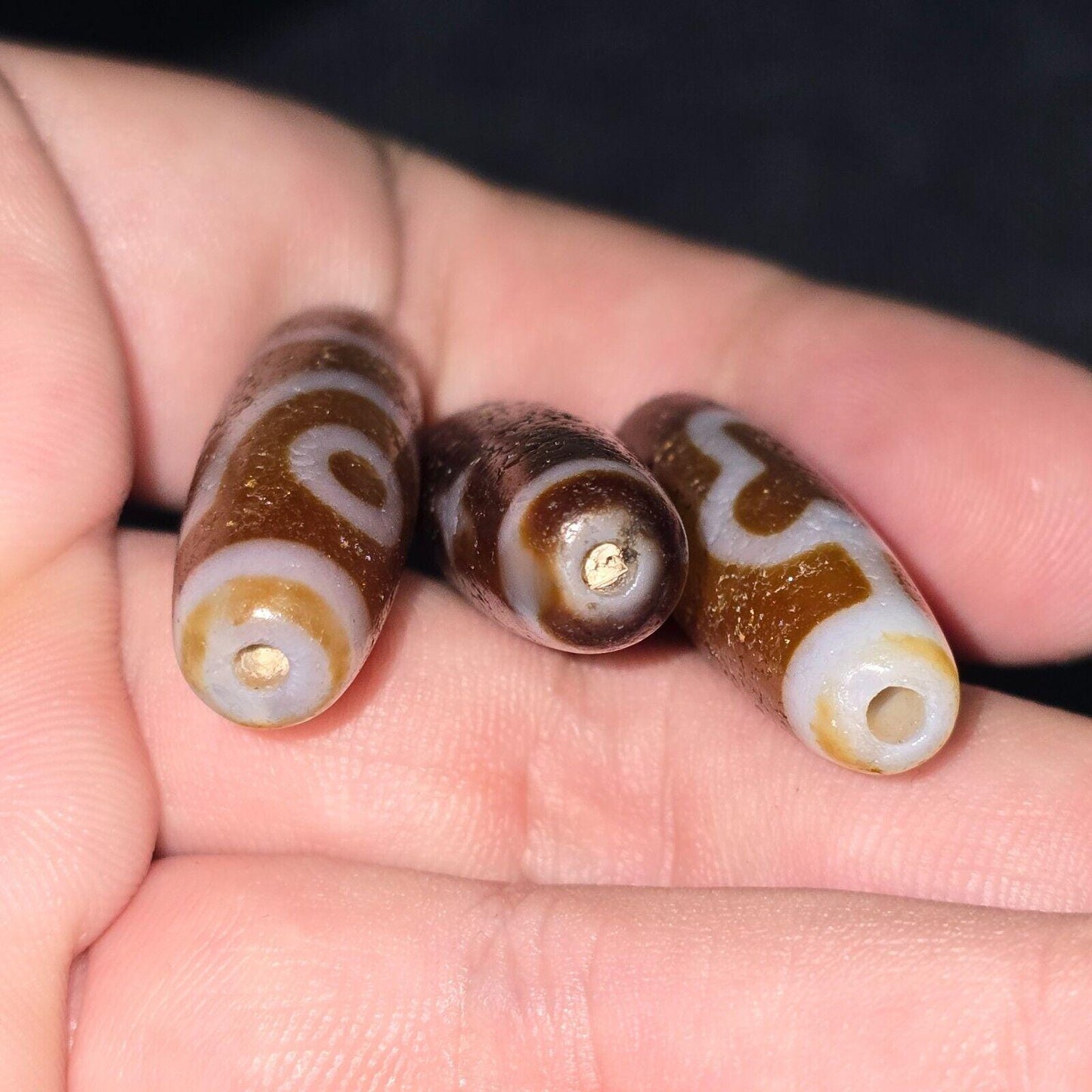 Lot 3 unique himalayan indo tibetan agate bead unique eyes pattern amulet