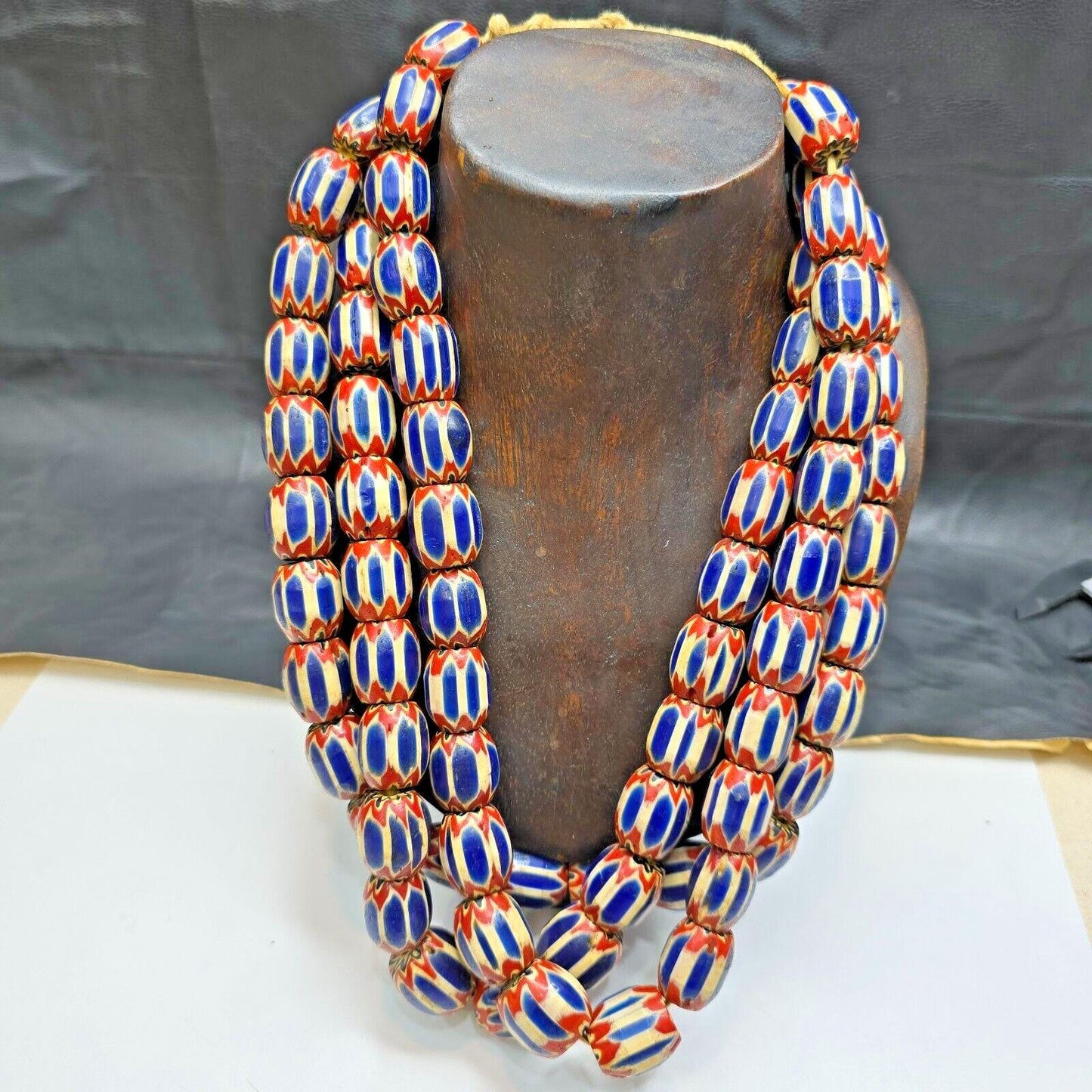 Big size vintage venetian style old blue chevron glass beads long strand ch-4Gift