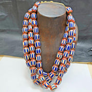 Big size vintage venetian style old blue chevron glass beads long strand ch-4.