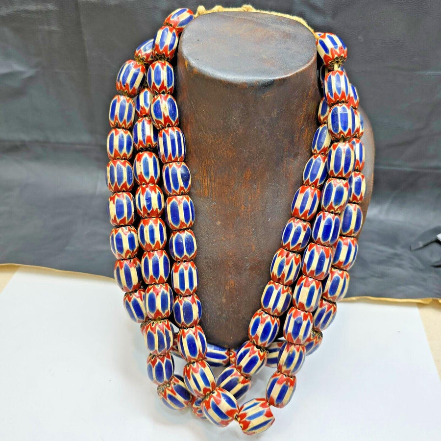 Big size vintage venetian style old blue chevron glass beads long strand ch-4.