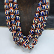 Big size vintage venetian style old blue chevron glass beads long strand ch-4.