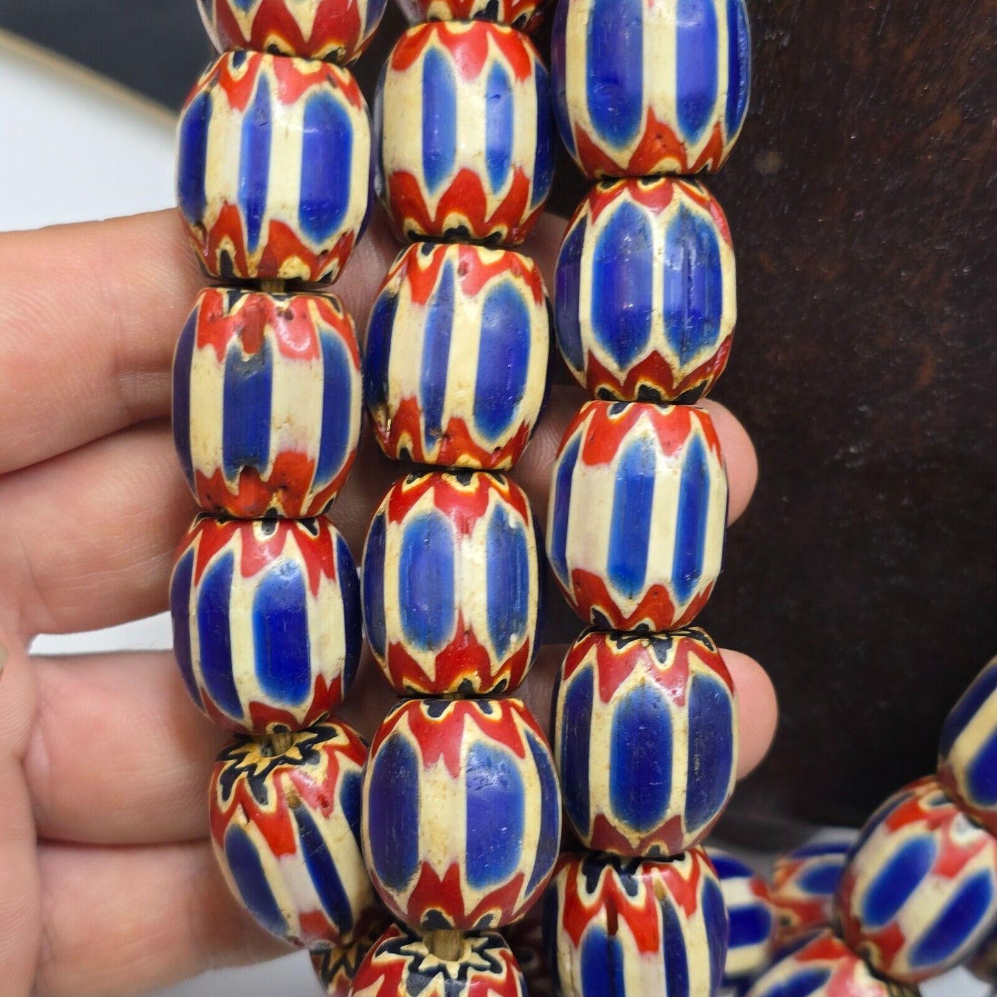 Big size vintage venetian style old blue chevron glass beads long strand ch-4Gift