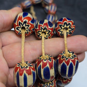 Big size vintage venetian style old blue chevron glass beads long strand ch-4.