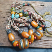 Handcrafted amber resin and glass beads vintage jewelry necklace 271grams.