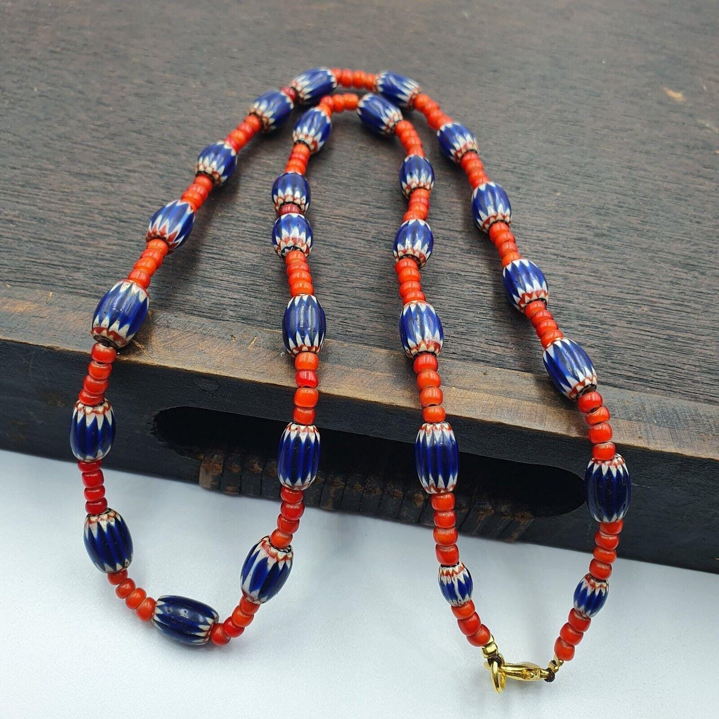 Antique vintage venetian white heart and blue chevron trade beads necklace w2