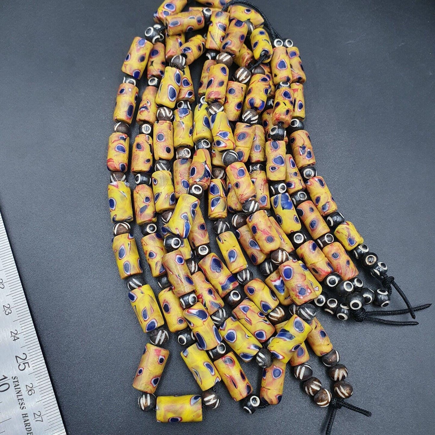 Vintage antique african style glass and bone eyes beads 24 inch long strandGift