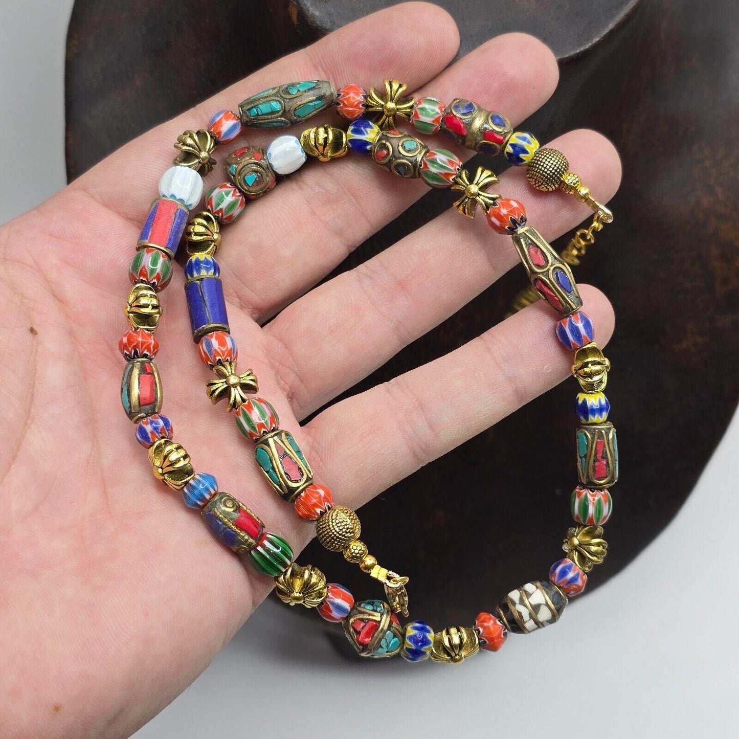 Vintage tibetan nepalese beads chevron glass beads brass gold plated necklaceGift