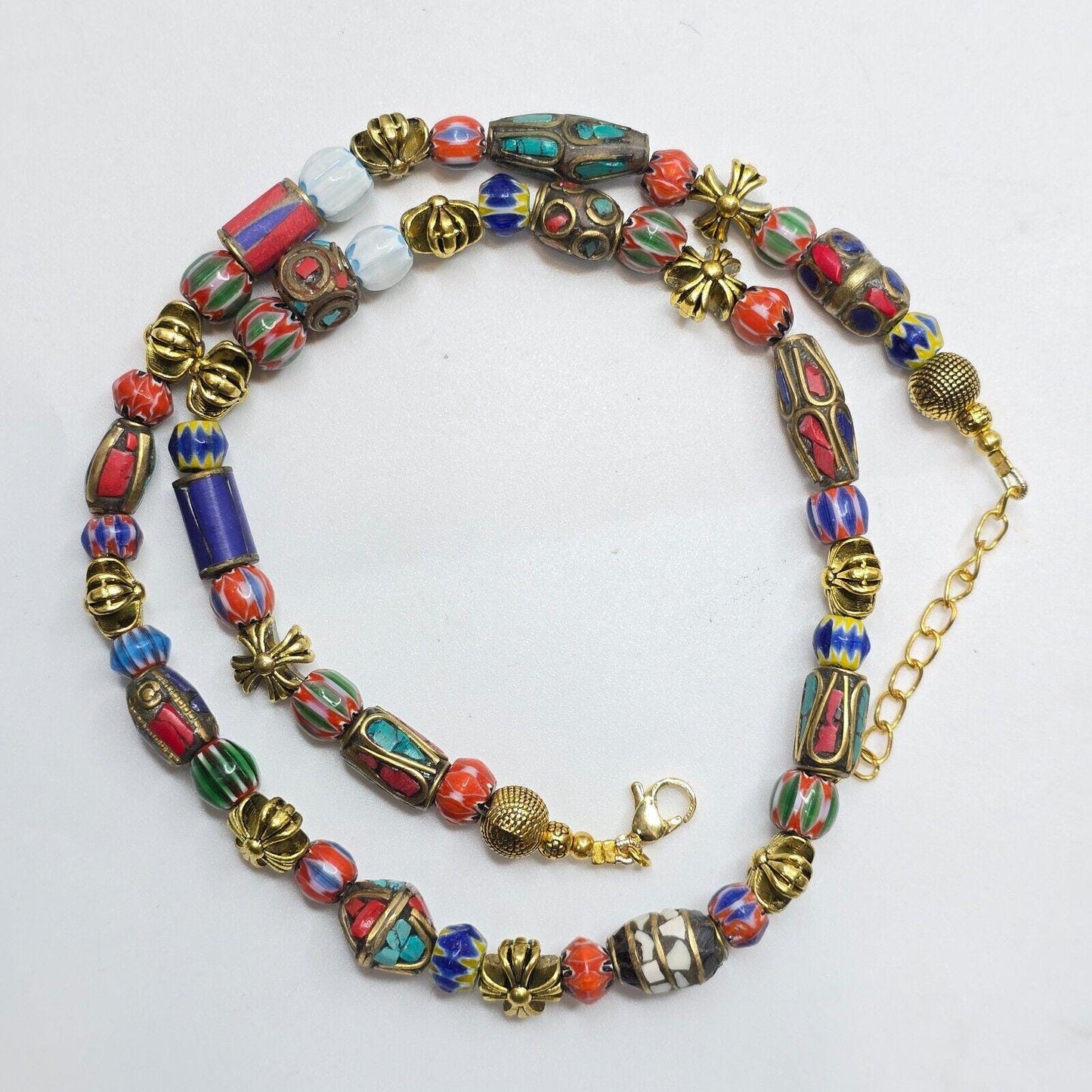 Vintage tibetan nepalese beads chevron glass beads brass gold plated necklaceGift