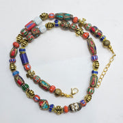 Vintage tibetan nepalese beads chevron glass beads brass gold plated necklace.