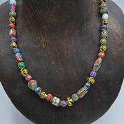 Vintage tibetan nepalese beads chevron glass beads brass gold plated necklace.