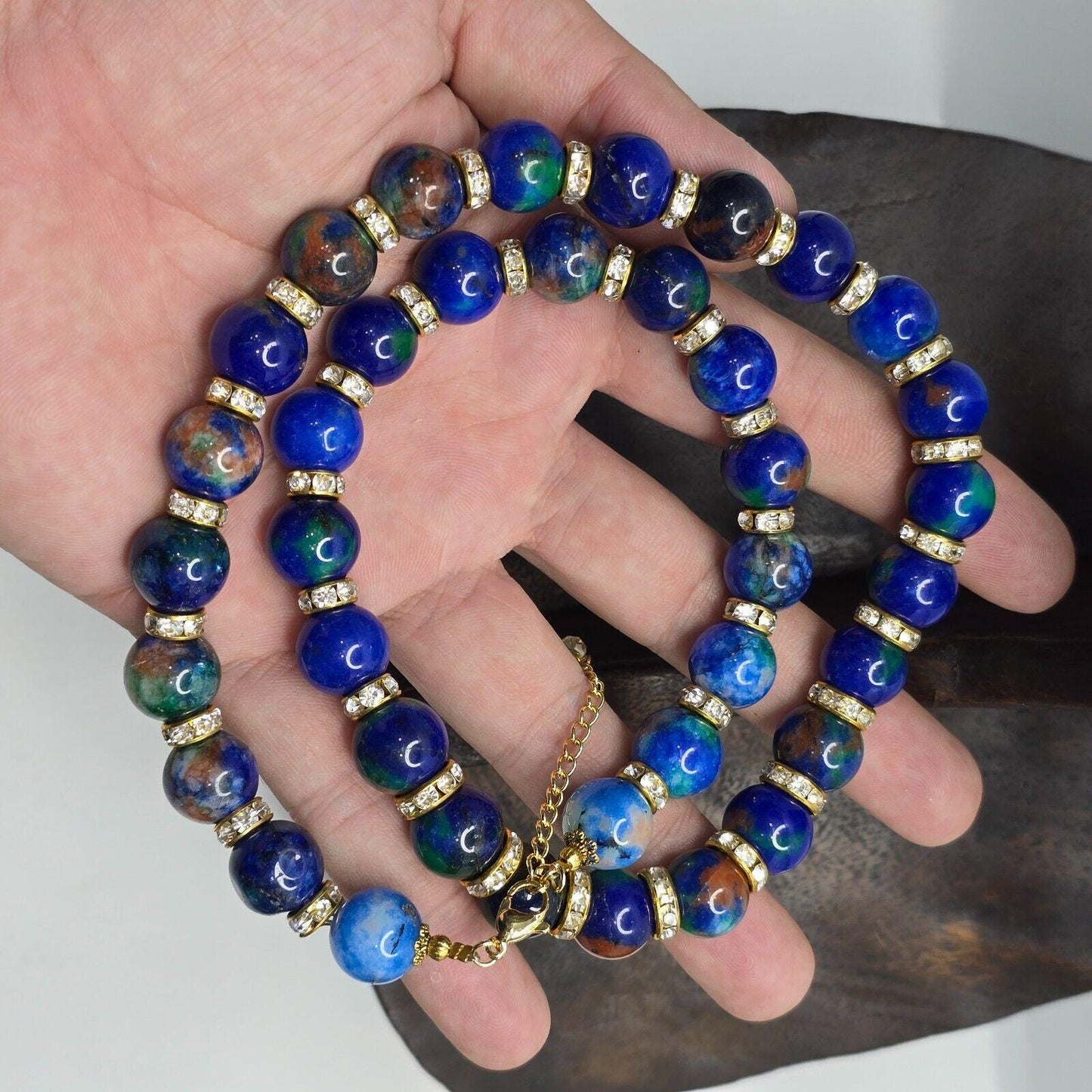 Blue Dyed Stone Necklace: Rhinestone Spacer Beads, 20-inch Beaded Chain