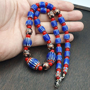 Vintage venetian white heart with blue glass chevron beads necklace. nc-9-2