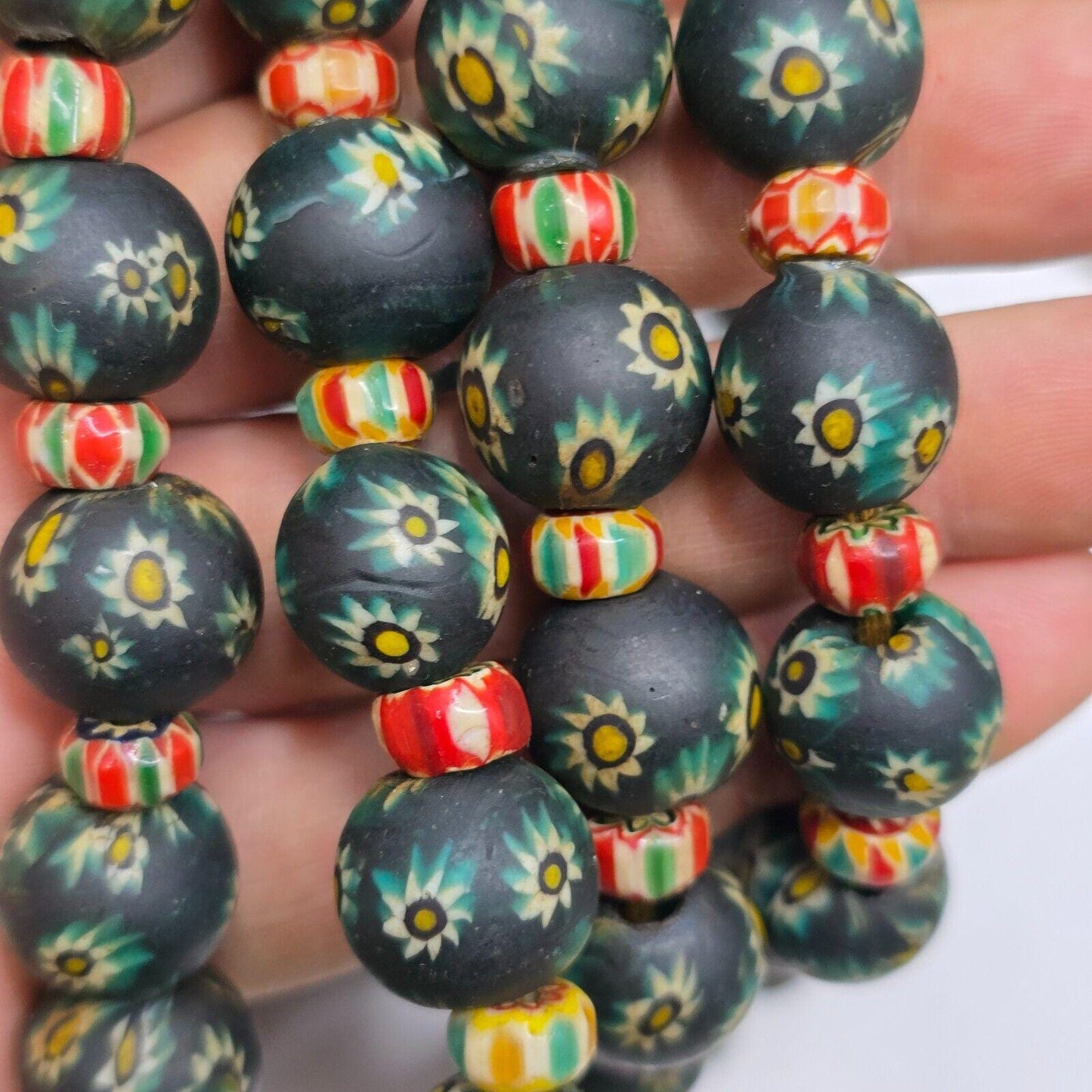 Vintage venetian style green gabri and chevron mix glass beads necklaceGift