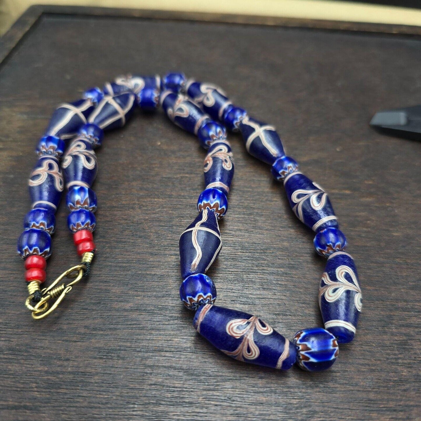 Antique venetian style blue chevron glass beads necklace