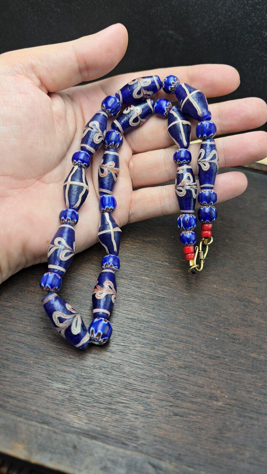 Antique venetian style blue chevron glass beads necklace