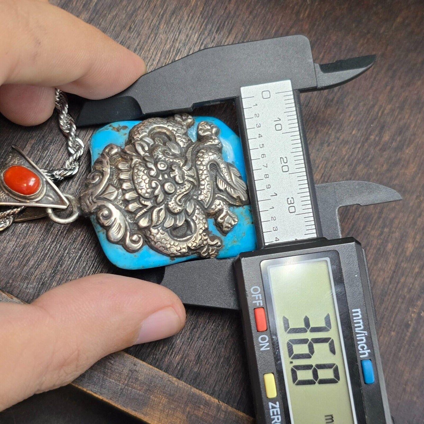 Dragon, elephant crafted from 925 sterling silver turquoise pendant necklace