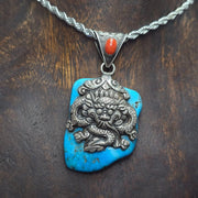 Dragon, elephant crafted from 925 sterling silver turquoise pendant necklace