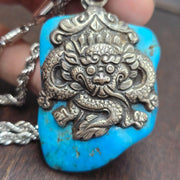 Dragon, elephant crafted from 925 sterling silver turquoise pendant necklace
