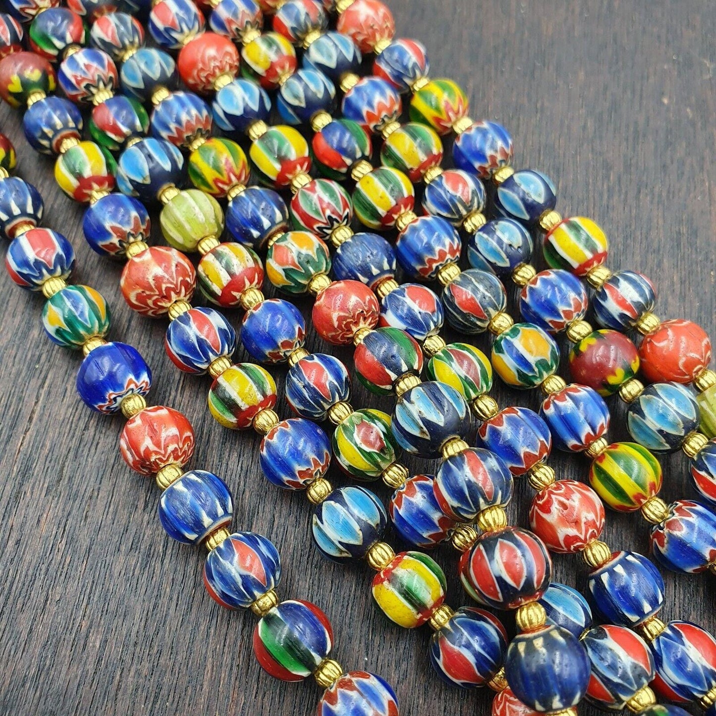 Vintage venetian african style glass chevron 8.5-9mm beads long strand