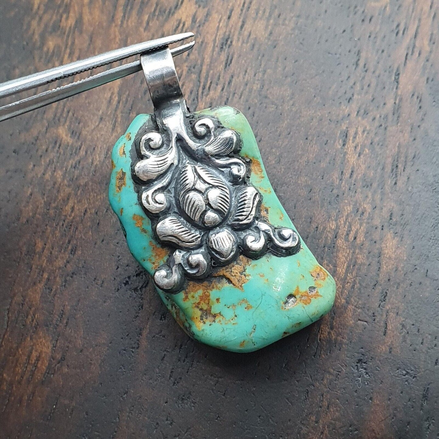 Vintage natural blue turquois 925 silver pendant necklace 16