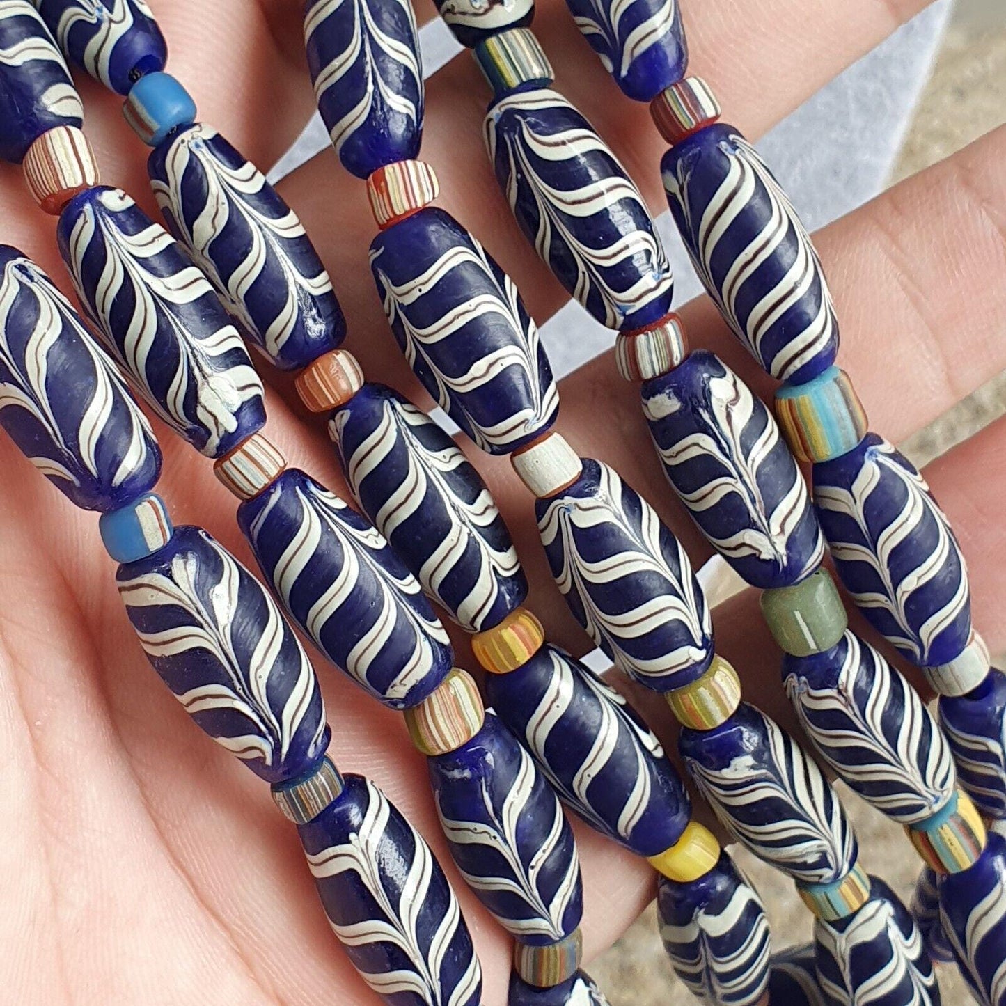 Vintage venerano art fancy feather beads 20x9.5mm blue glass beads necklaceGift