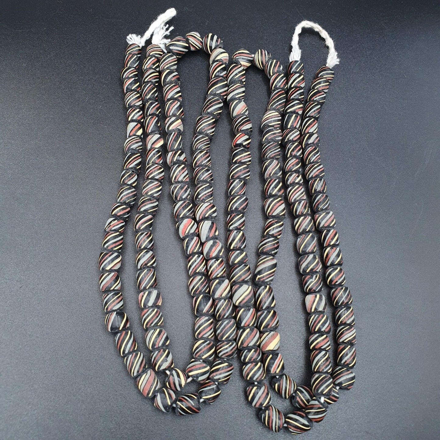 Lot 2 vintage old african black glass antique stripes beads 7-8mm  beads strandGift