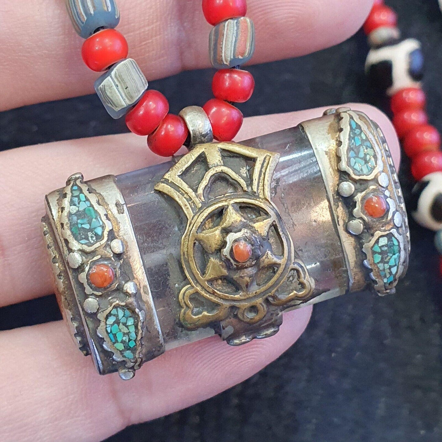 Antique Tibetan Quartz Pendant Necklace: Agate & Turquoise Beads