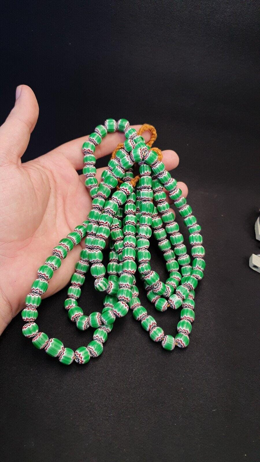 Vintage venetian african style green glass chevron 10mm beads long strandGift