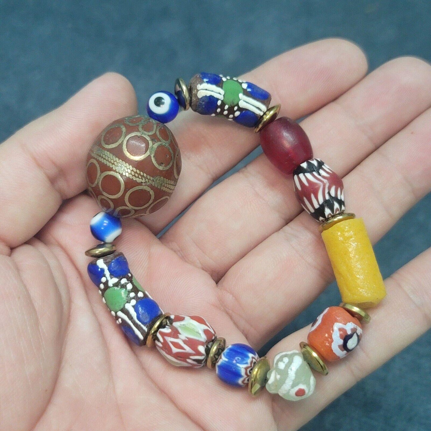 Vintage african venetian style glass with afghani big brass beads bracelet #br8Gift