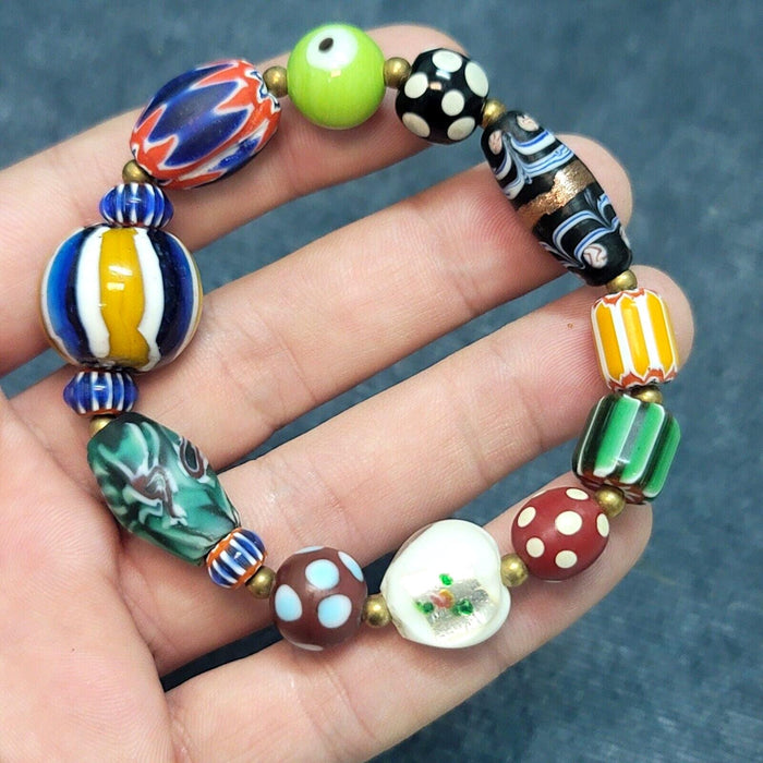 Vintage african venetian style glass with afghani big brass beads bracelet #br9Gift