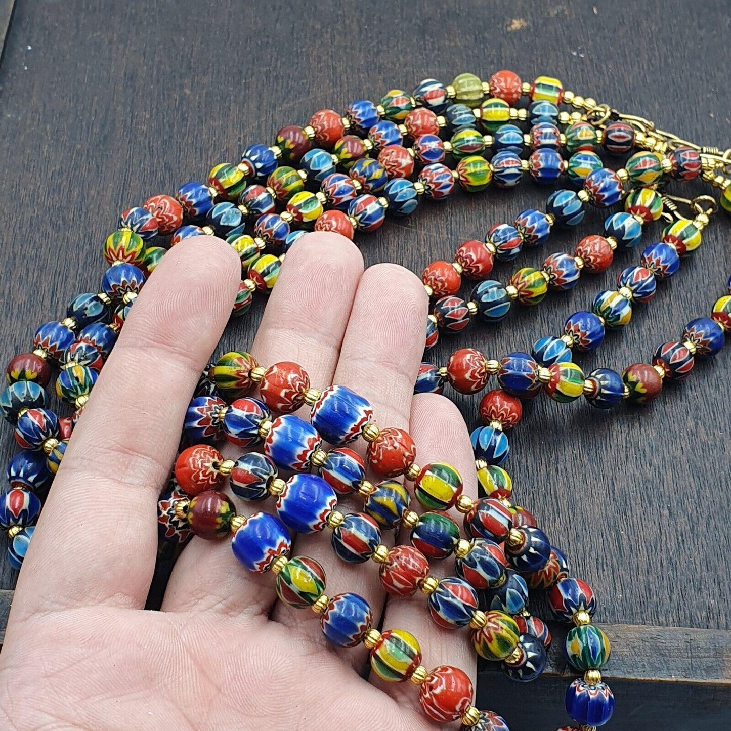 Vintage venetian african style glass chevron 8.5-9mm beads long strand