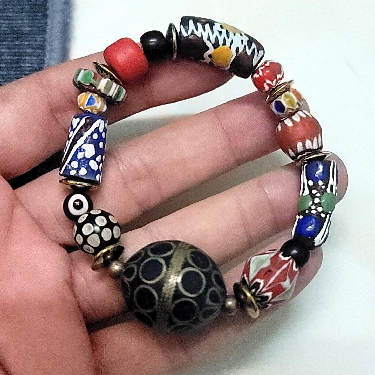 Vintage african venetian style glass with afghani big brass beads bracelet #br11Gift