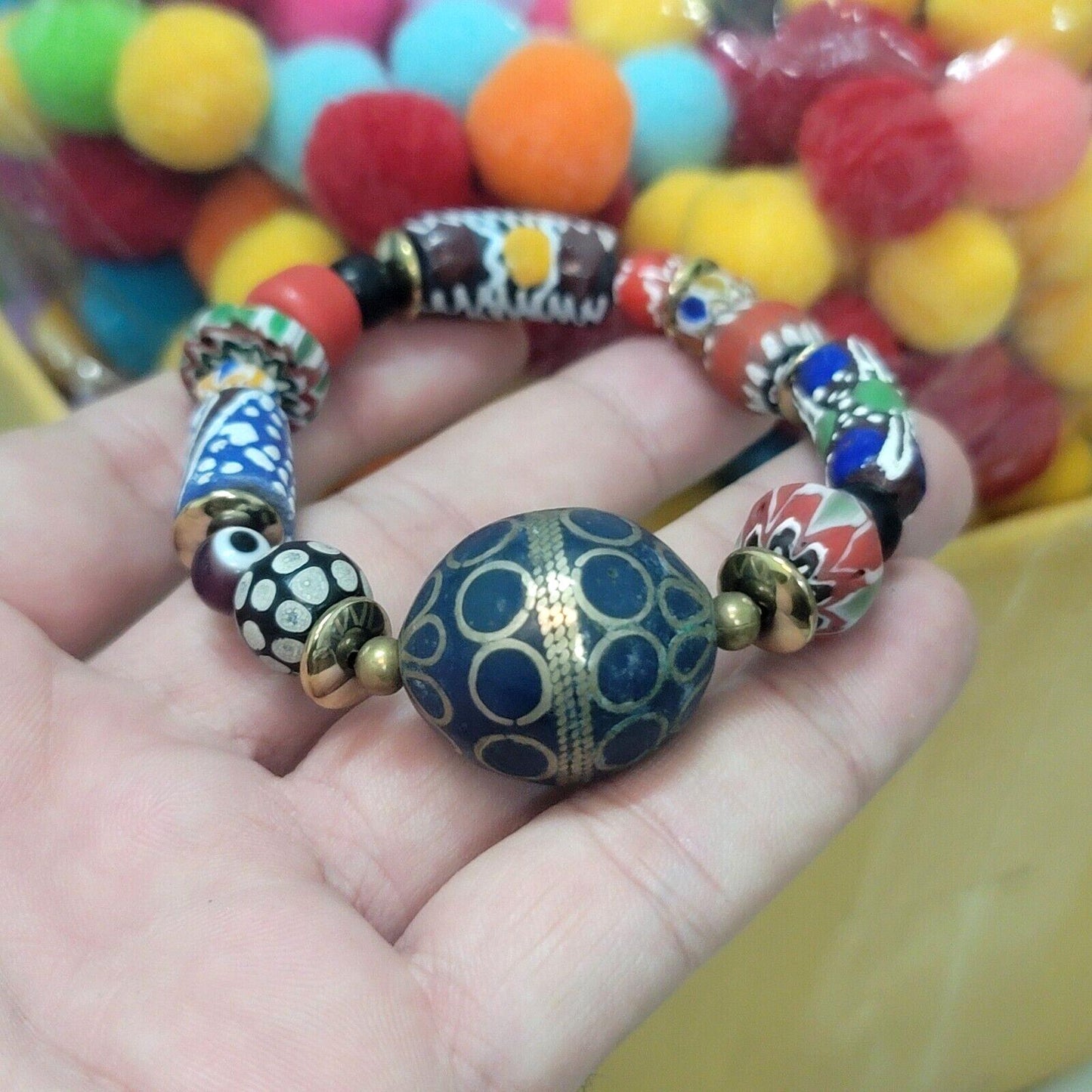Vintage african venetian style glass with afghani big brass beads bracelet #br11Gift
