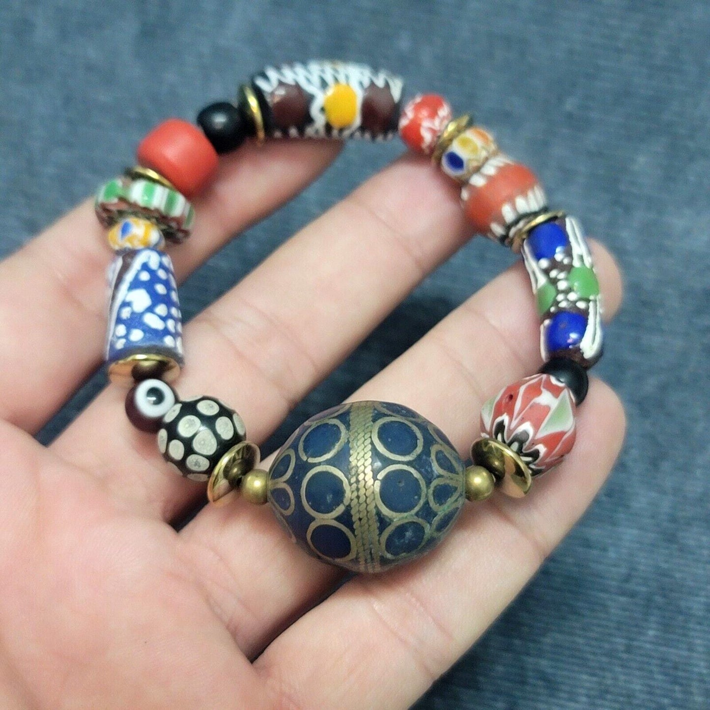 Vintage african venetian style glass with afghani big brass beads bracelet #br11Gift