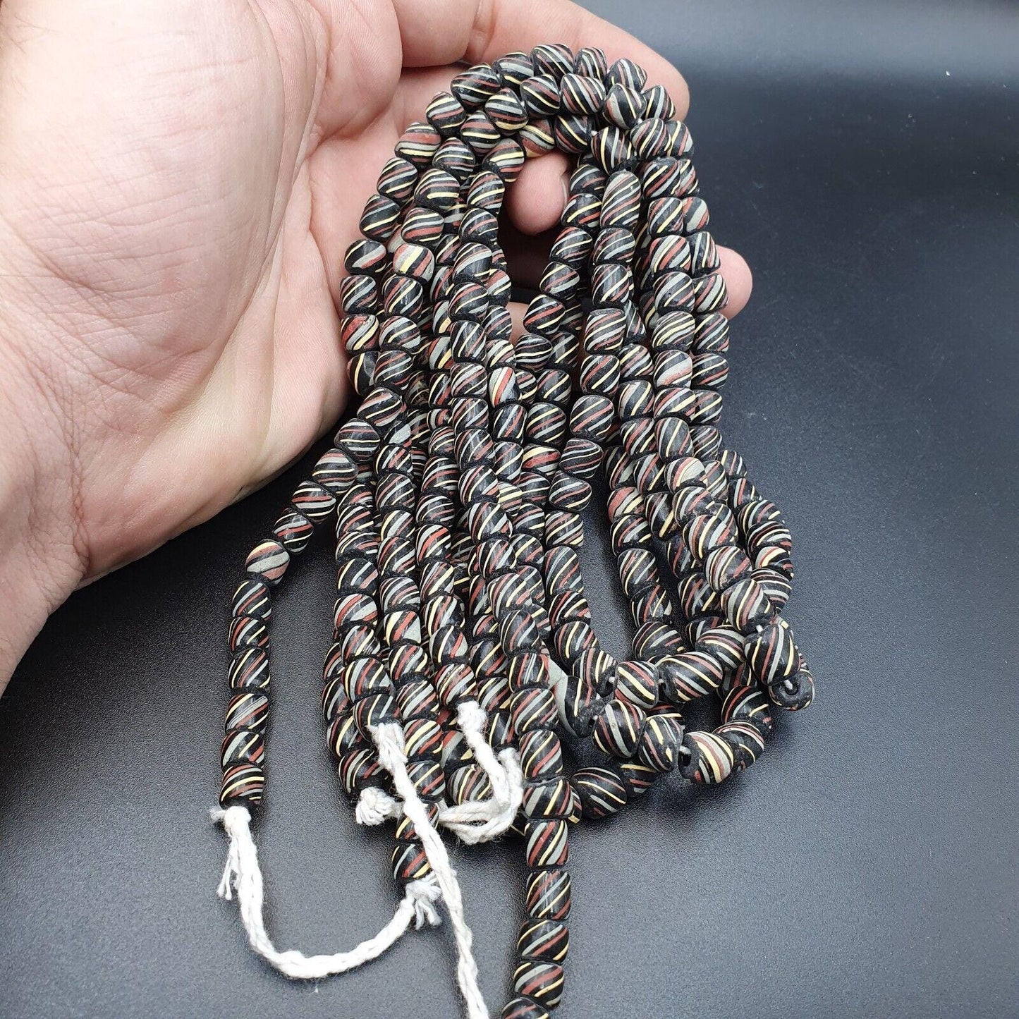 Lot 2 vintage old african black glass antique stripes beads 7-8mm  beads strandGift