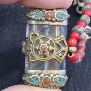 Antique Tibetan Quartz Pendant Necklace: Agate & Turquoise Beads