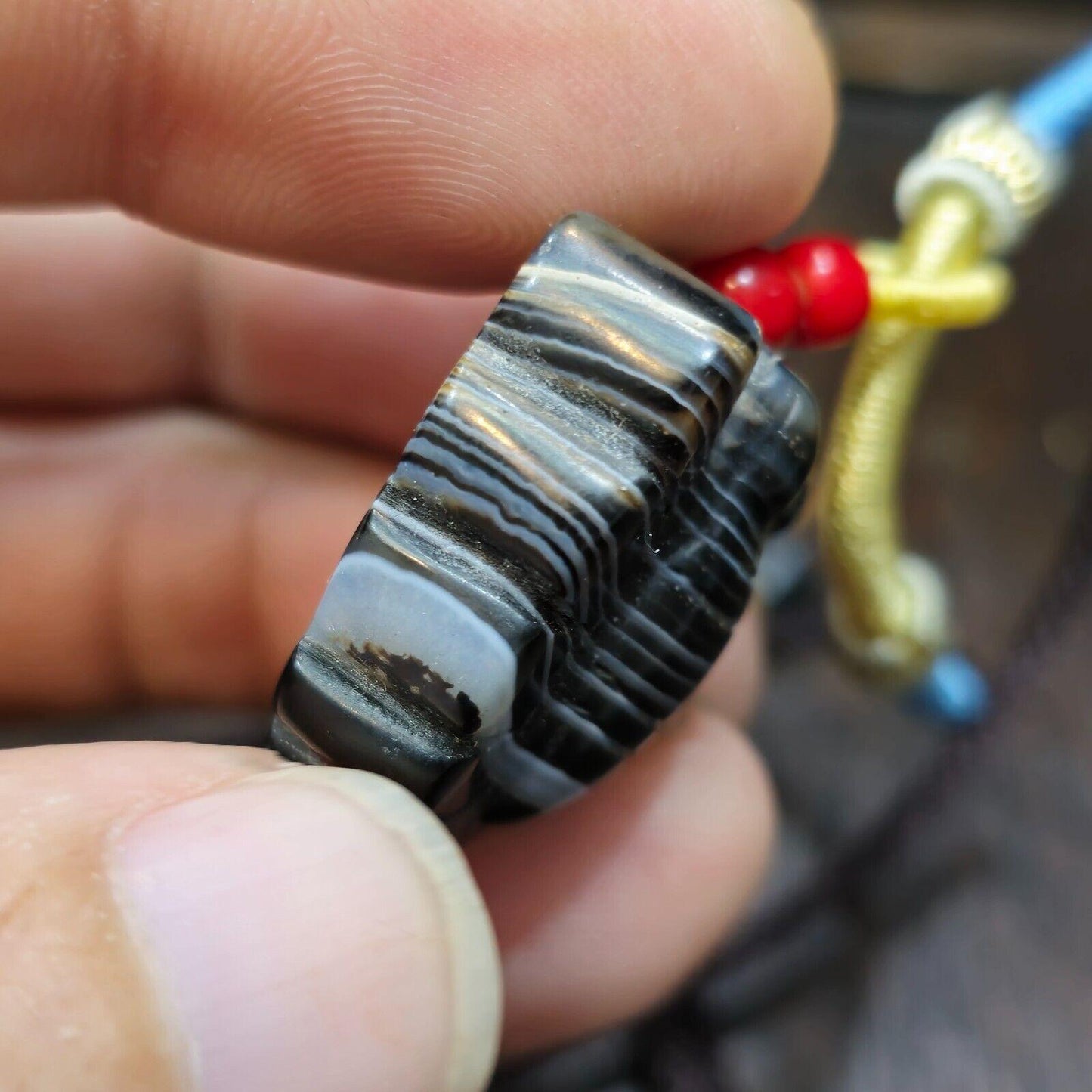 Unique tibetan himalayan carving butterfly black agate amulet bead #21