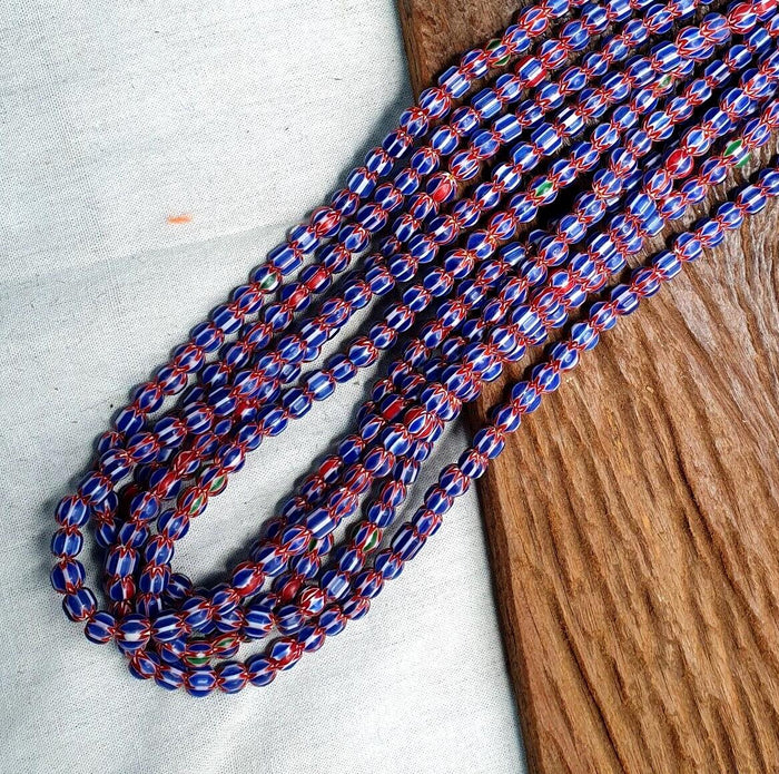 Vintage blue chevron beads venetian african inspired 7.5-8mm beads long strand
