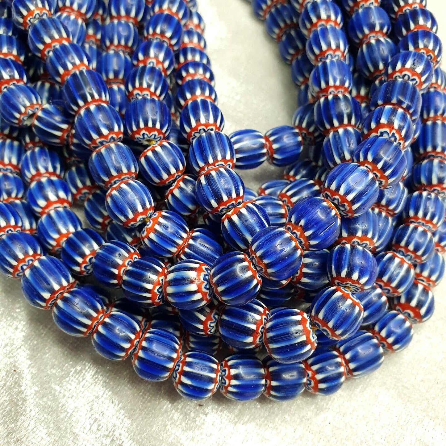Vintage blue chevron venetian style multilayers 10mm glass beads necklace