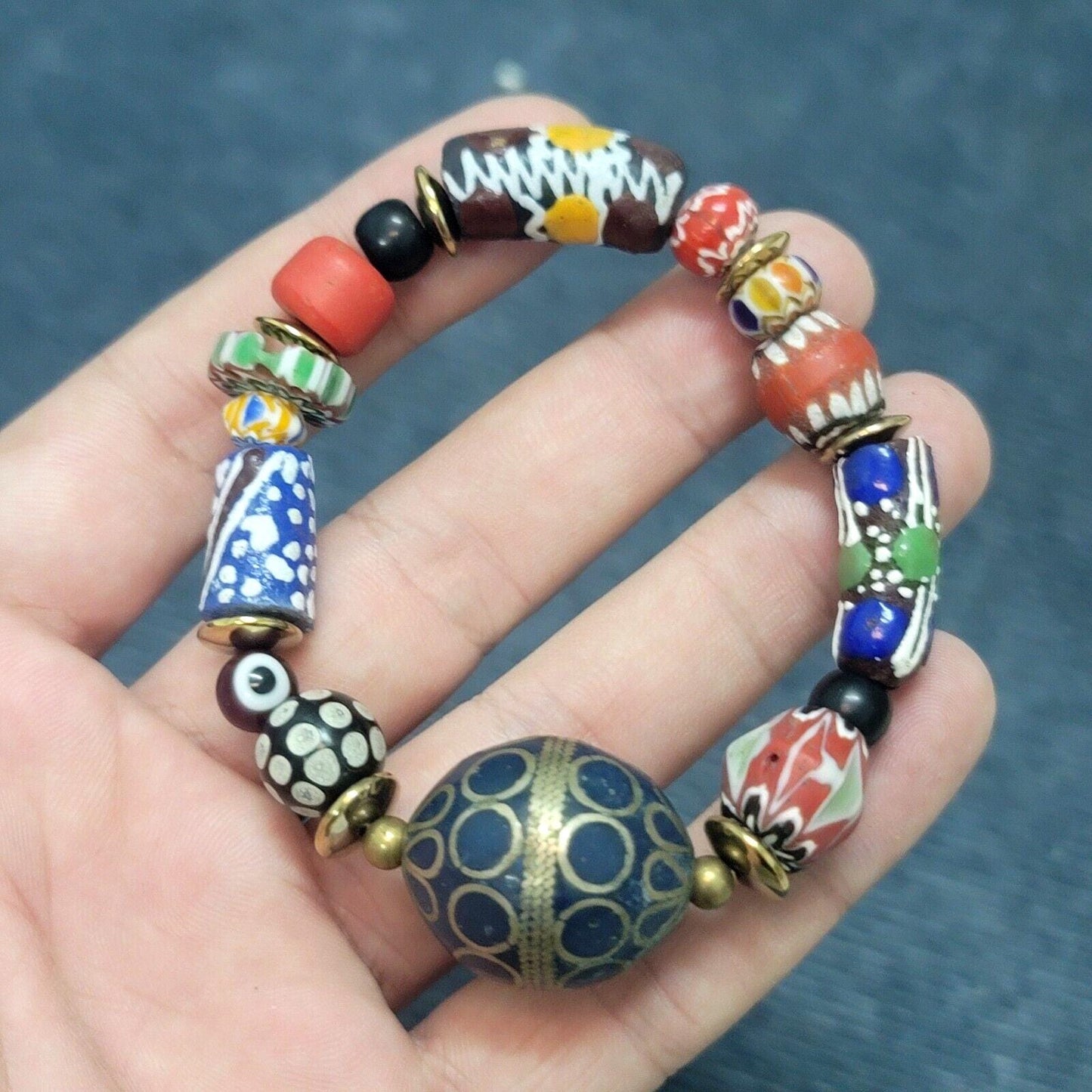 Vintage african venetian style glass with afghani big brass beads bracelet #br11Gift