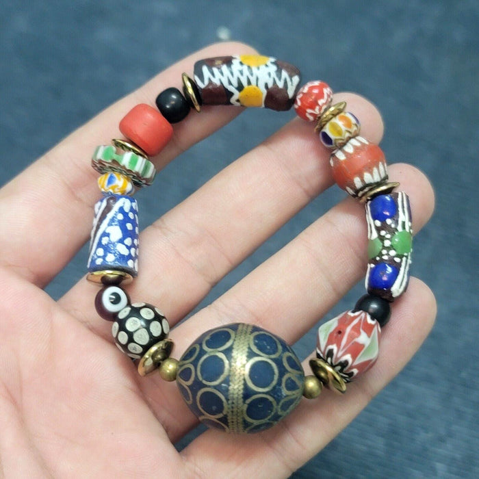 Vintage african venetian style glass with afghani big brass beads bracelet #br11Gift