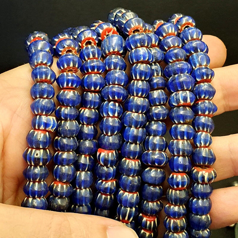 Vintage venetian african style glass blue chevron 9mm beads long strand .
