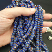 Vintage venetian african style glass blue chevron 9mm beads long strand .