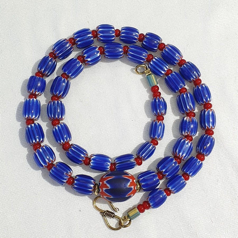 Vintage Venetian White Heart with Blue Glass Chevron Beads Necklace.