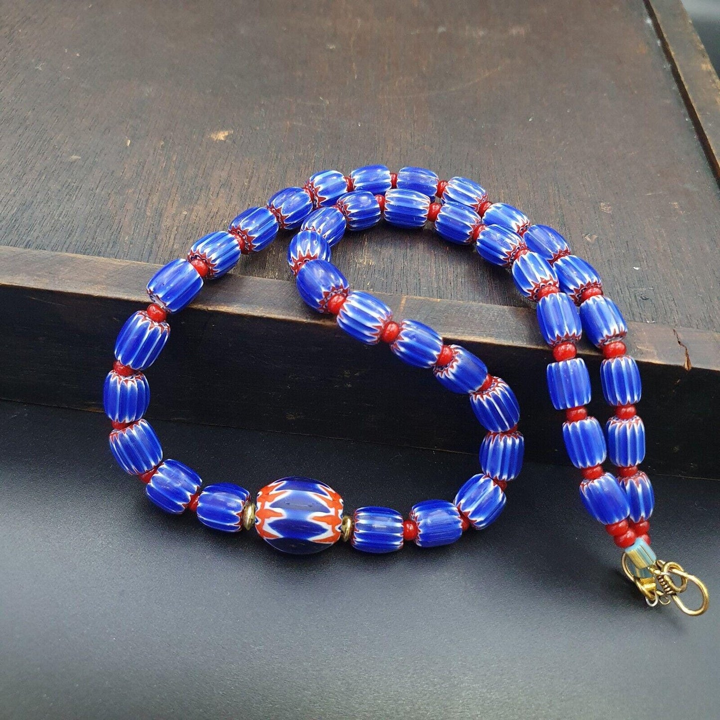 Vintage venetian white heart with blue glass chevron beads necklace.Gift