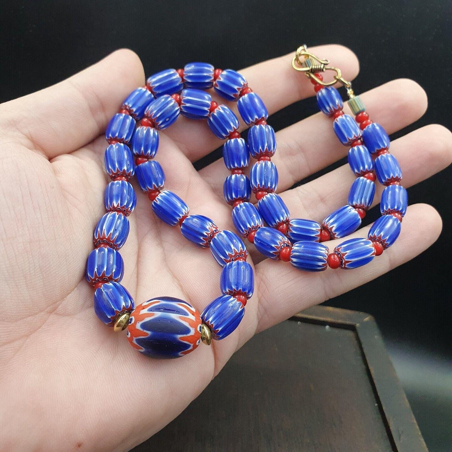 Vintage venetian white heart with blue glass chevron beads necklace.Gift