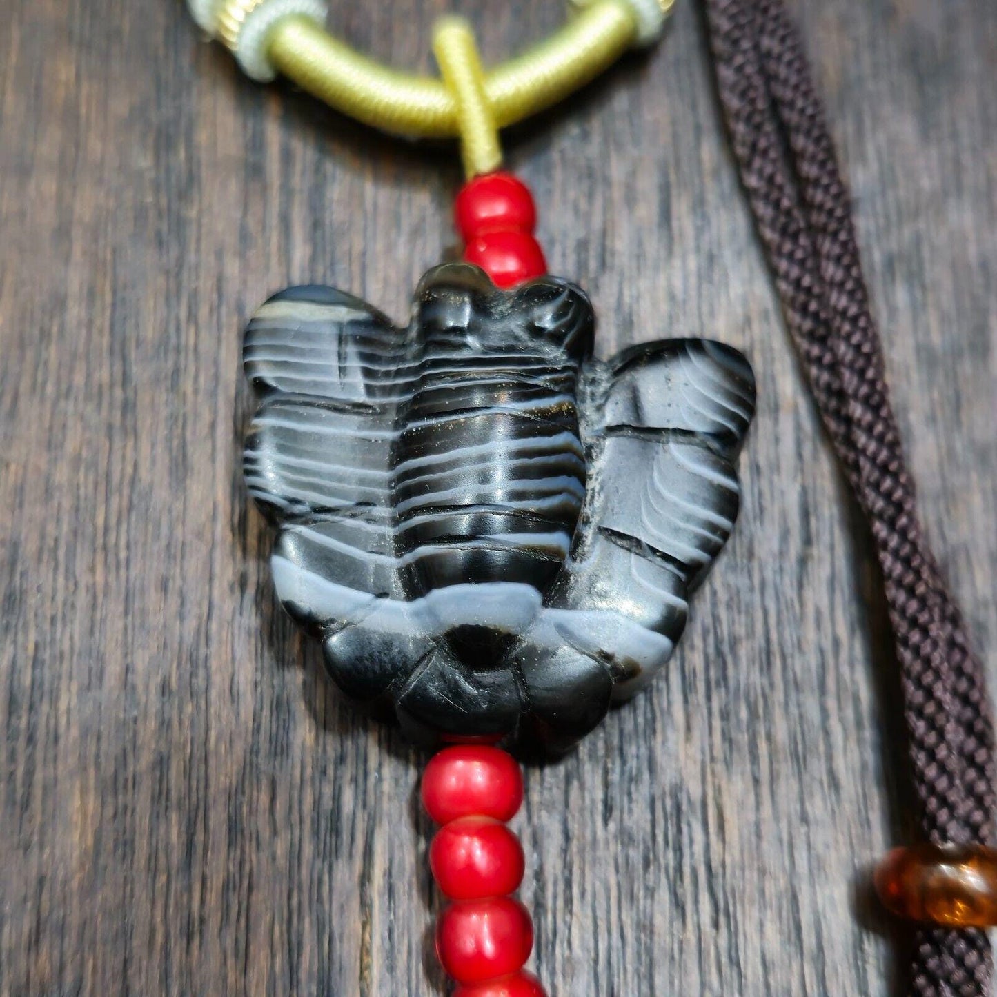 Unique tibetan himalayan carving butterfly black agate amulet bead #21