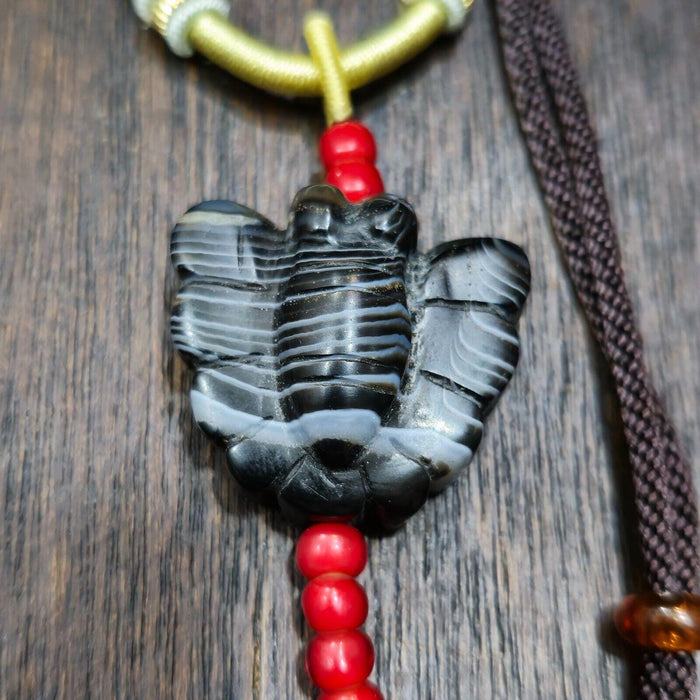 Unique tibetan himalayan carving butterfly black agate amulet bead #21