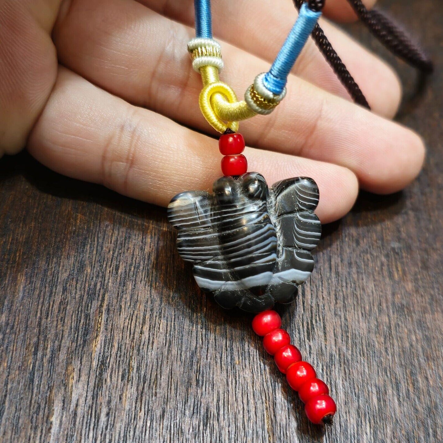 Unique tibetan himalayan carving butterfly black agate amulet bead #21