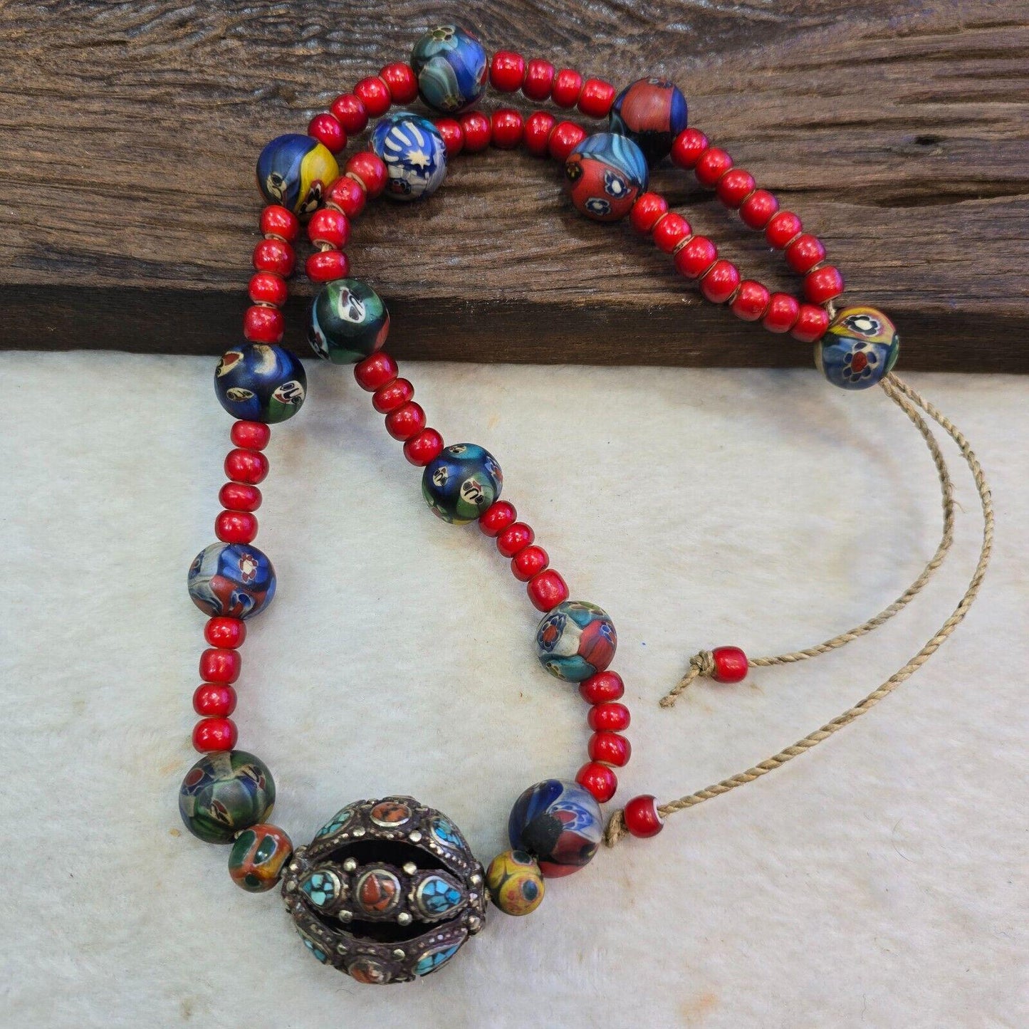 Venetian 8mm white heart with nepalese brass handmade beaded necklace